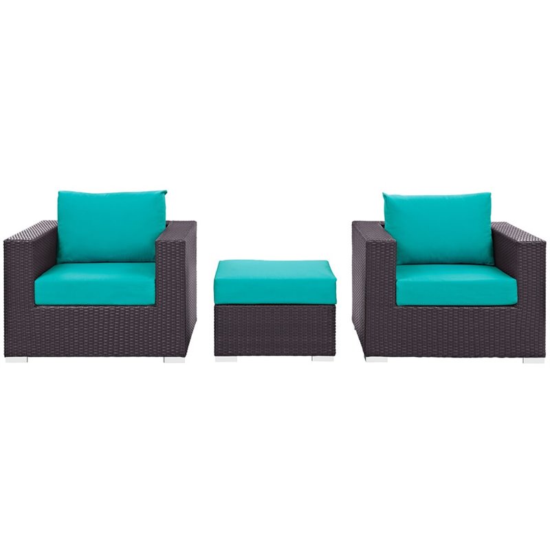 Modway Convene 3-Piece Aluminum and Rattan Patio Sofa Set in Turquoise/Espresso