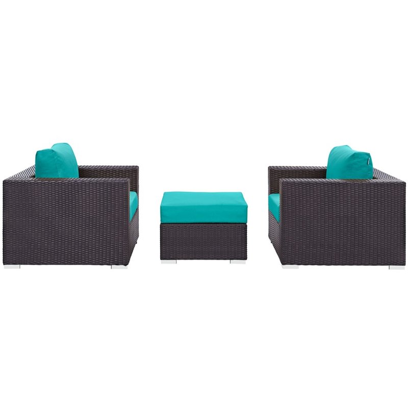 Modway Convene 3-Piece Aluminum and Rattan Patio Sofa Set in Turquoise/Espresso