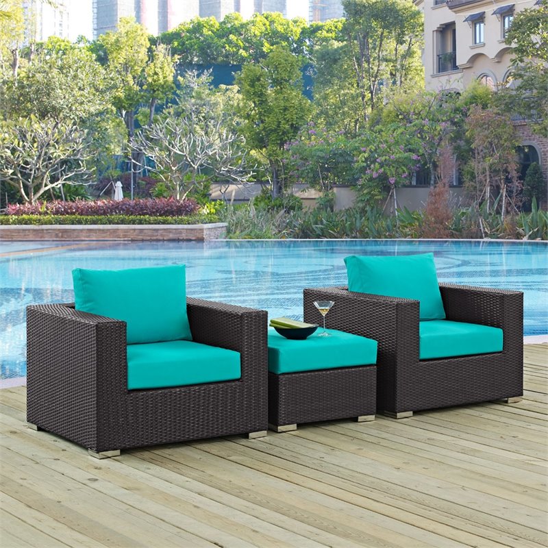 Modway Convene 3-Piece Aluminum and Rattan Patio Sofa Set in Turquoise/Espresso