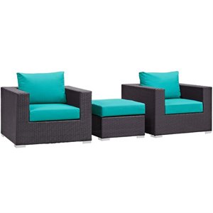 Modway Convene 3-Piece Aluminum and Rattan Patio Sofa Set in Turquoise/Espresso