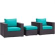 Modway Convene 3-Piece Aluminum and Rattan Patio Sofa Set in Turquoise/Espresso