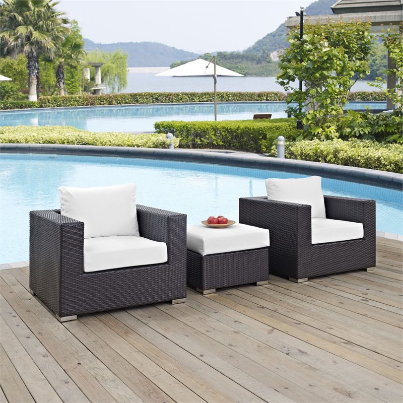 Modway Convene 3-Piece Aluminum and Rattan Patio Sofa Set in White/Espresso