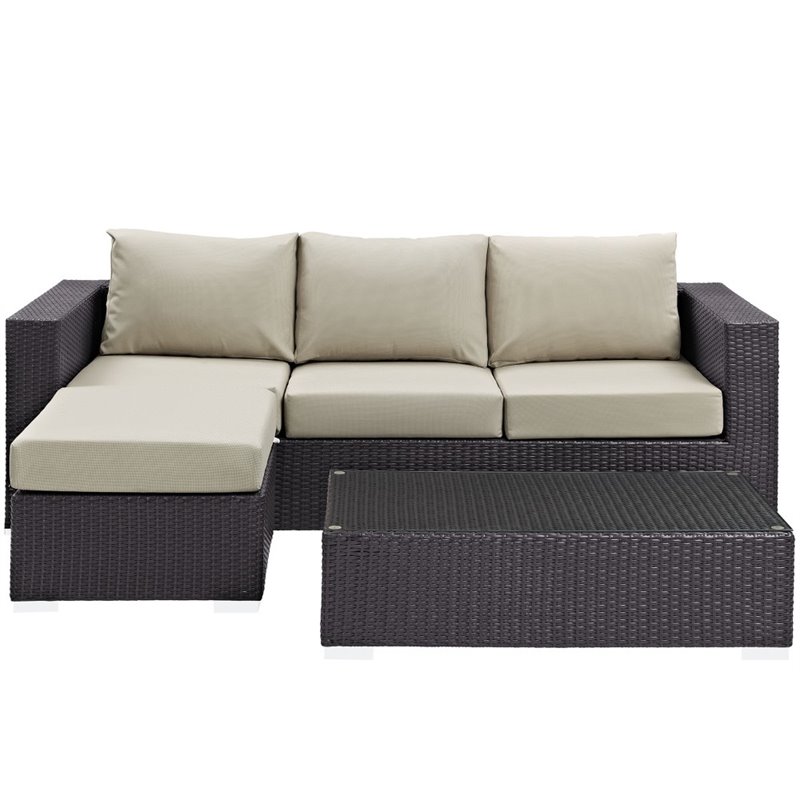 Modway Convene 3-Piece Aluminum and Rattan Patio Sofa Set in Espresso/Beige