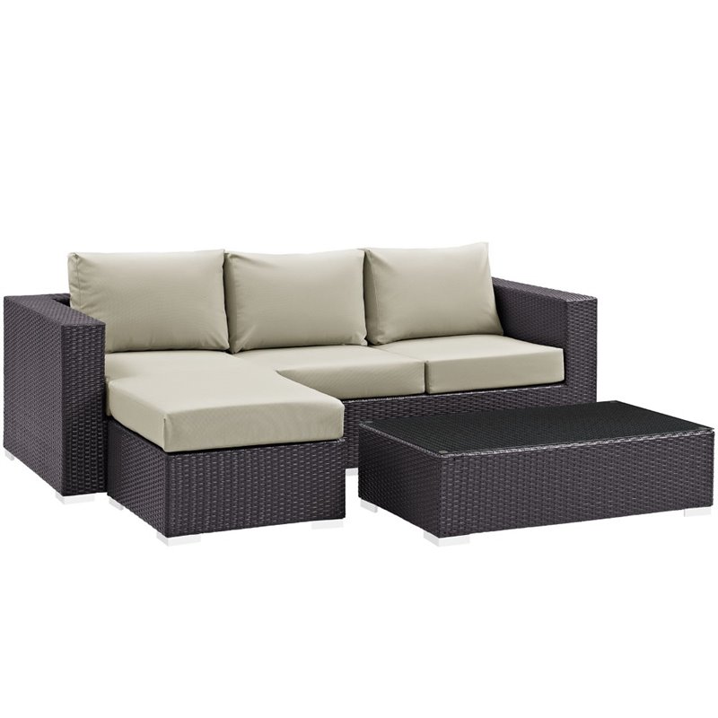 Modway Convene 3-Piece Aluminum and Rattan Patio Sofa Set in Espresso/Beige