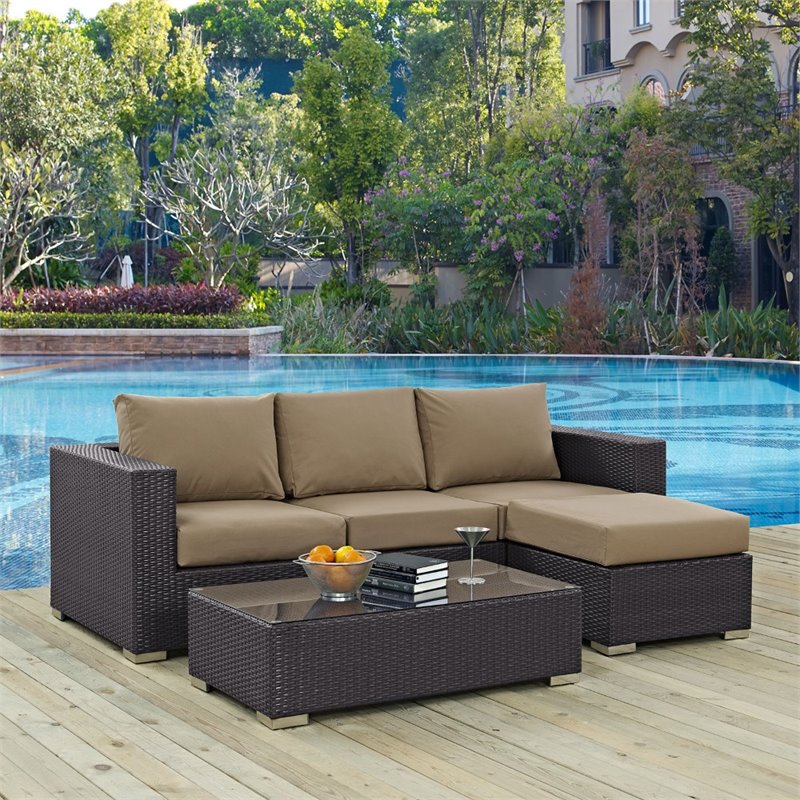 Modway Convene 3-Piece Aluminum and Rattan Patio Sofa Set in Espresso/Mocha