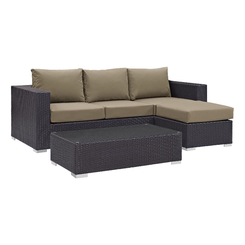 Modway Convene 3-Piece Aluminum and Rattan Patio Sofa Set in Espresso/Mocha
