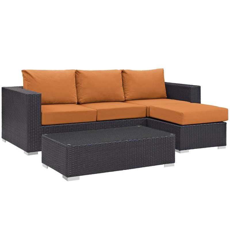 Modway Convene 3-Piece Aluminum and Rattan Patio Sofa Set in Espresso/Orange