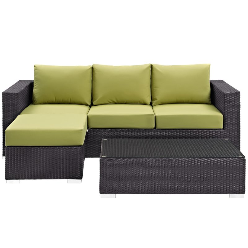 Modway Convene 3-Piece Aluminum and Rattan Patio Sofa Set in Espresso/Peridot