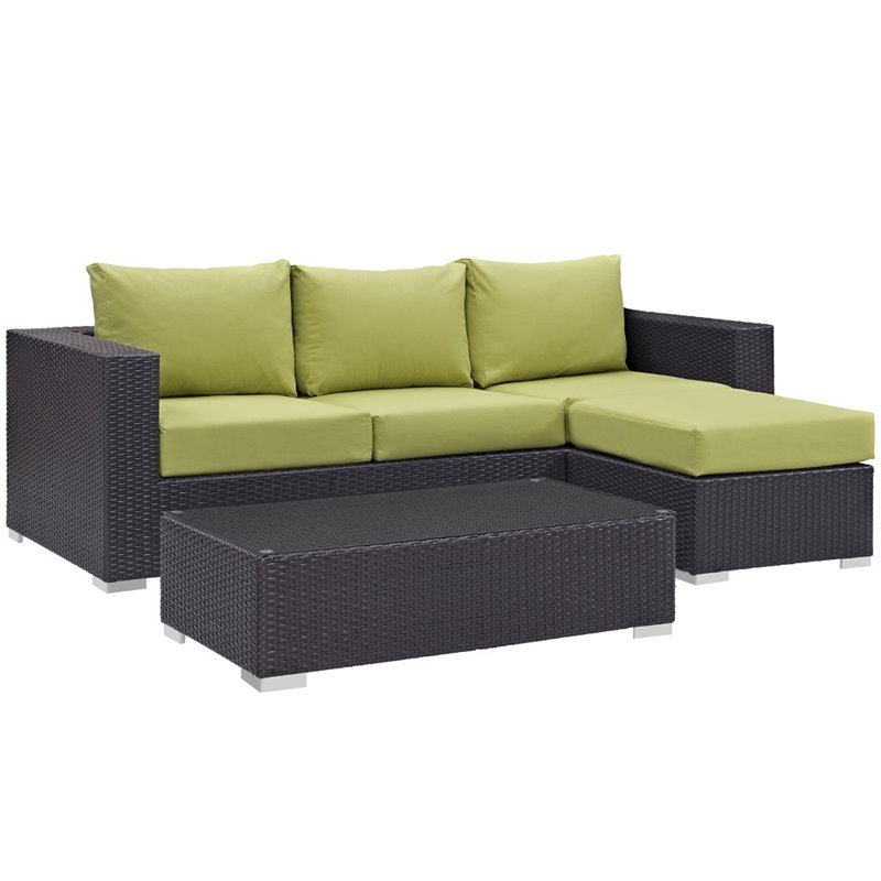 Modway Convene 3-Piece Aluminum and Rattan Patio Sofa Set in Espresso/Peridot