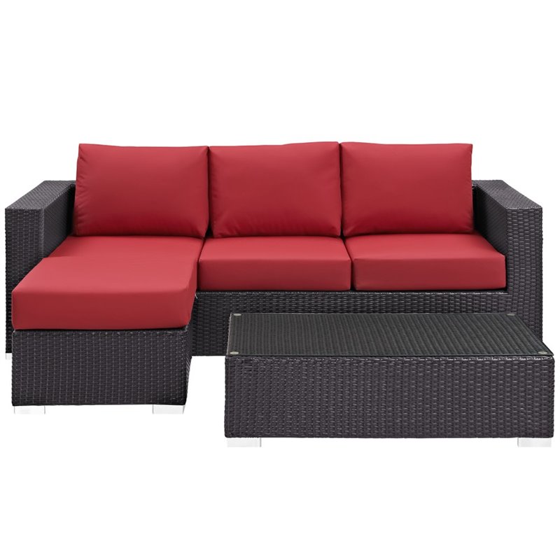 Modway Convene 3-Piece Aluminum and Rattan Patio Sofa Set in Espresso/Red
