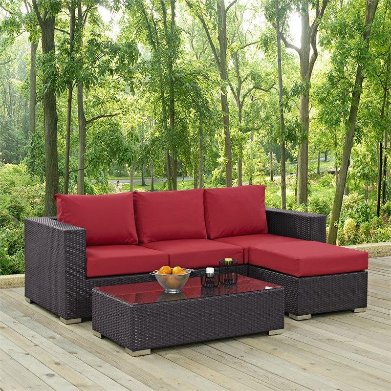 Modway Convene 3-Piece Aluminum and Rattan Patio Sofa Set in Espresso/Red