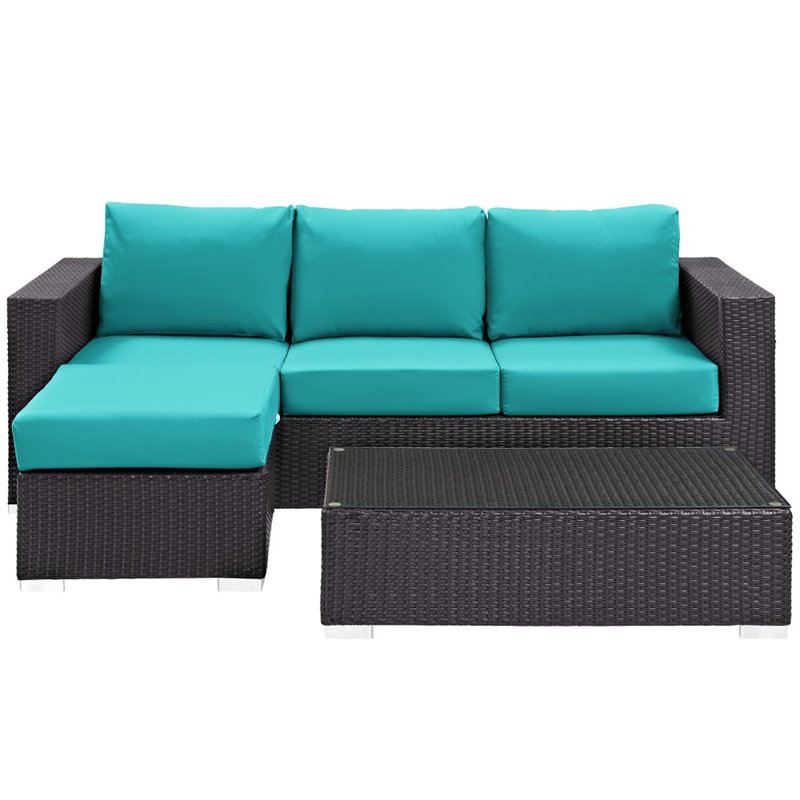 Modway Convene 3-Piece Aluminum and Rattan Patio Sofa Set in Espresso/Turquoise