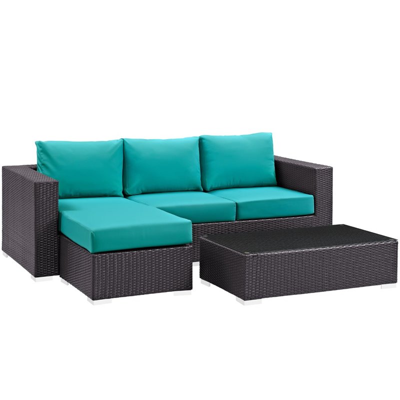 Modway Convene 3-Piece Aluminum and Rattan Patio Sofa Set in Espresso/Turquoise