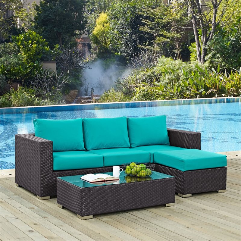 Modway Convene 3-Piece Aluminum and Rattan Patio Sofa Set in Espresso/Turquoise