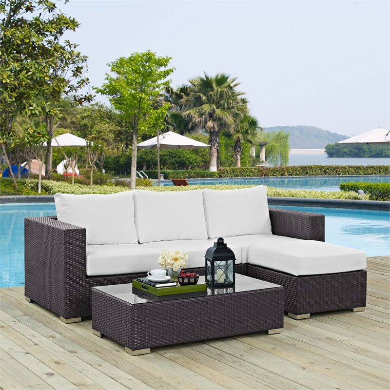 Modway Convene 3-Piece Aluminum and Rattan Patio Sofa Set in Espresso/White