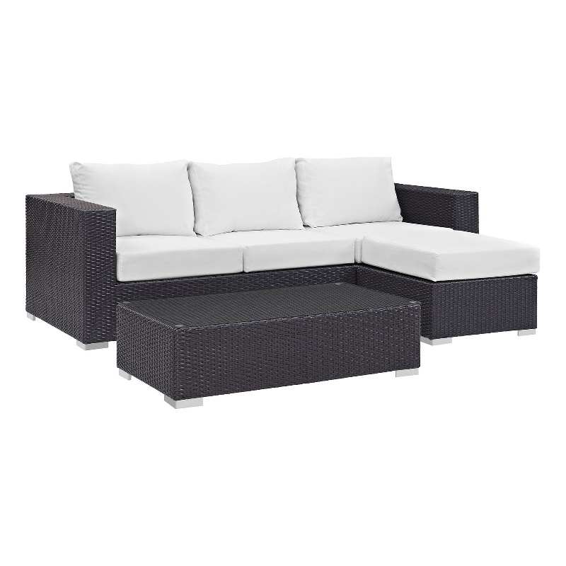 Modway Convene 3-Piece Aluminum and Rattan Patio Sofa Set in Espresso/White