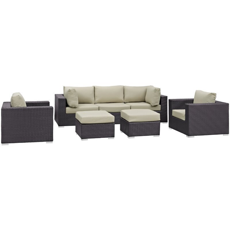 Modway Convene 7-Piece Aluminum and Rattan Patio Sectional Set in Espresso/Beige