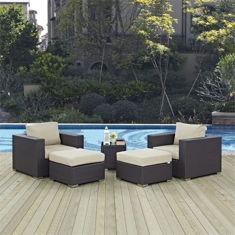 Modway Convene 5-Piece Aluminum and Rattan Patio Sectional Set in Espresso/Beige
