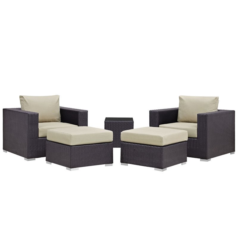 Modway Convene 5-Piece Aluminum and Rattan Patio Sectional Set in Espresso/Beige