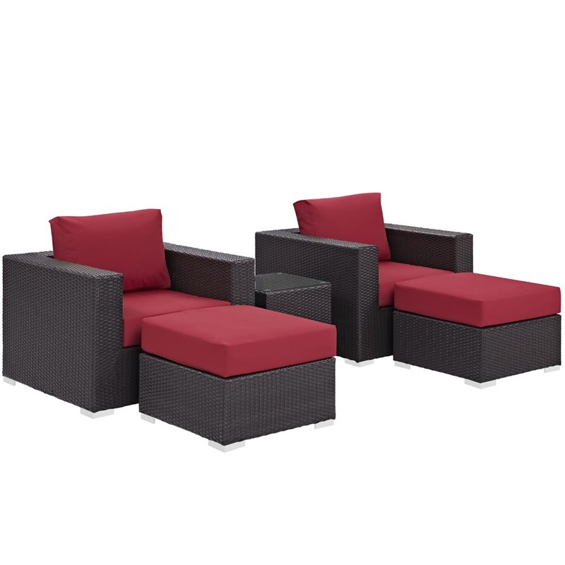 Modway Convene 5-Piece Aluminum and Rattan Patio Sectional Set in Espresso/Red