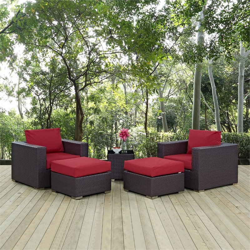 Modway Convene 5-Piece Aluminum and Rattan Patio Sectional Set in Espresso/Red
