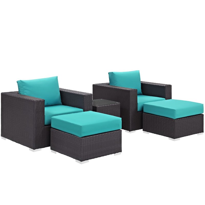 Modway Convene 5-Piece Aluminum Rattan Patio Sectional Set in Espresso/Turquoise