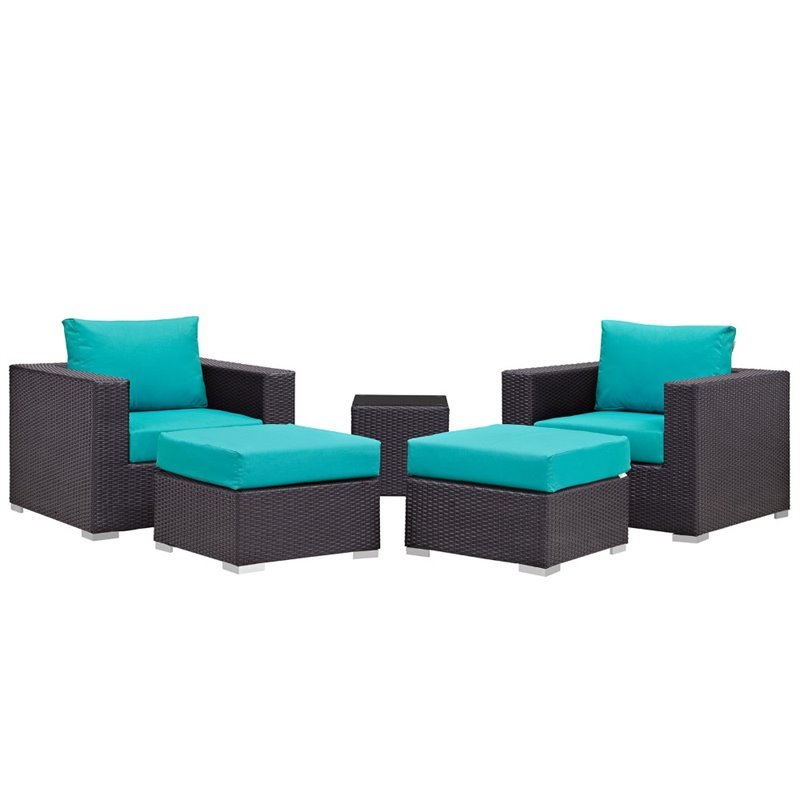 Modway Convene 5-Piece Aluminum Rattan Patio Sectional Set in Espresso/Turquoise