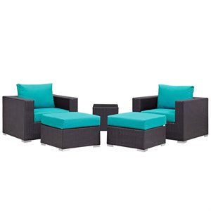 Modway Convene 5-Piece Aluminum Rattan Patio Sectional Set in Espresso/Turquoise