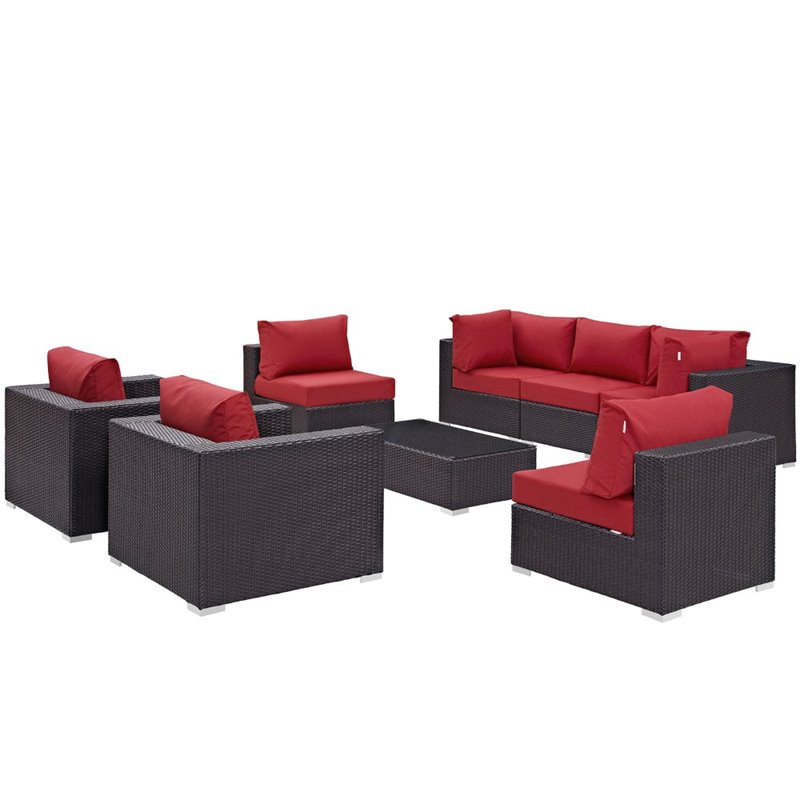 Modway Convene 8-Piece Aluminum and Rattan Patio Sectional Set in Espresso/Red