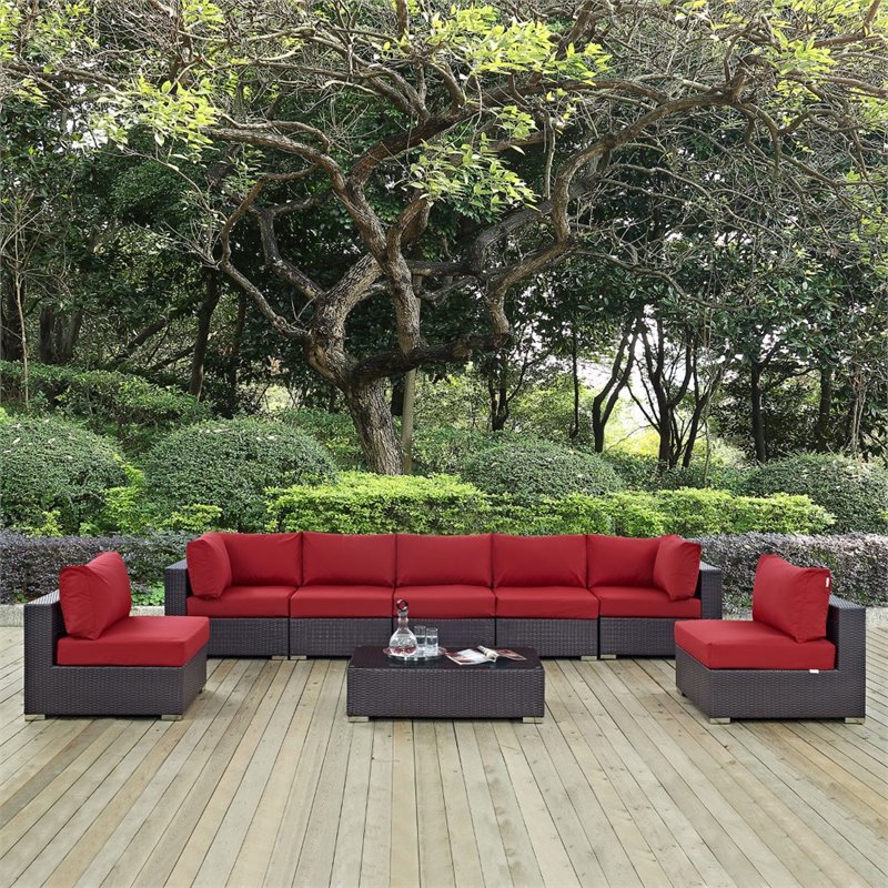 Modway Convene 8-Piece Aluminum & Rattan Patio Sectional Set in Espresso/Red