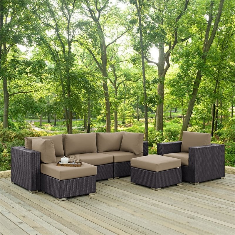 Modway Convene 6-Piece Aluminum and Rattan Patio Sectional Set in Espresso/Mocha