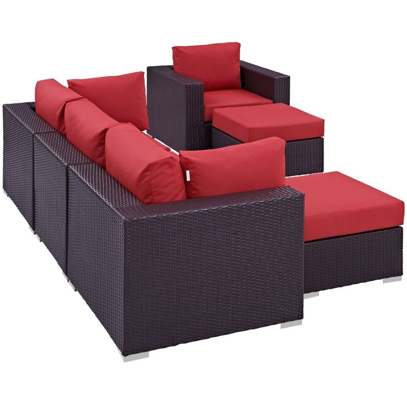 Modway Convene 6-Piece Aluminum and Rattan Patio Sectional Set in Espresso/Red