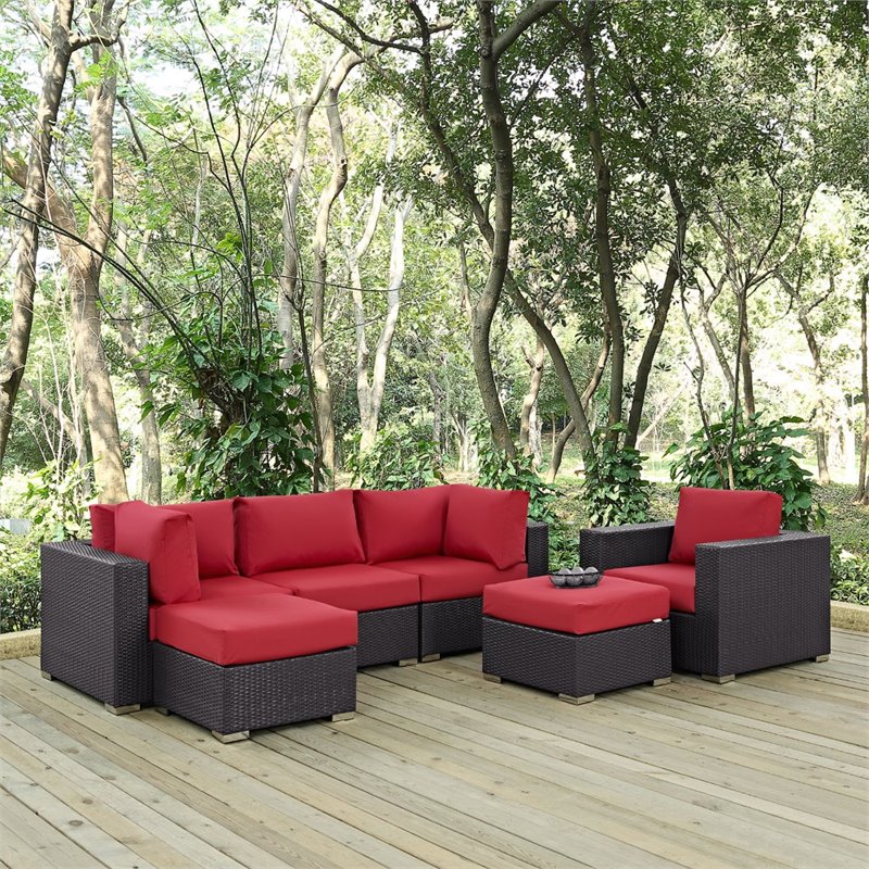 Modway Convene 6-Piece Aluminum and Rattan Patio Sectional Set in Espresso/Red