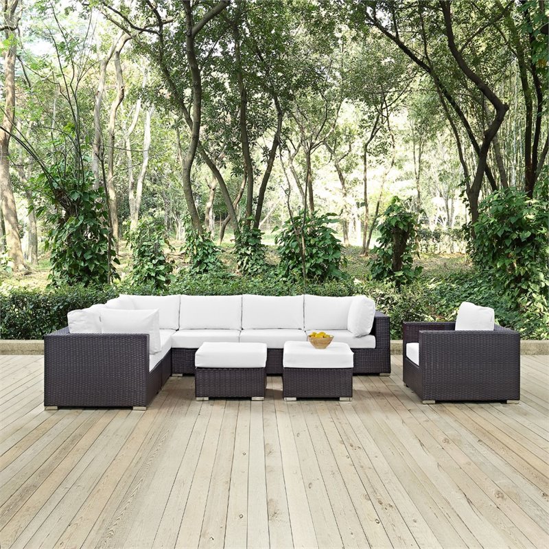 Modway Convene 9-Piece Aluminum and Rattan Patio Sectional Set in Espresso/White