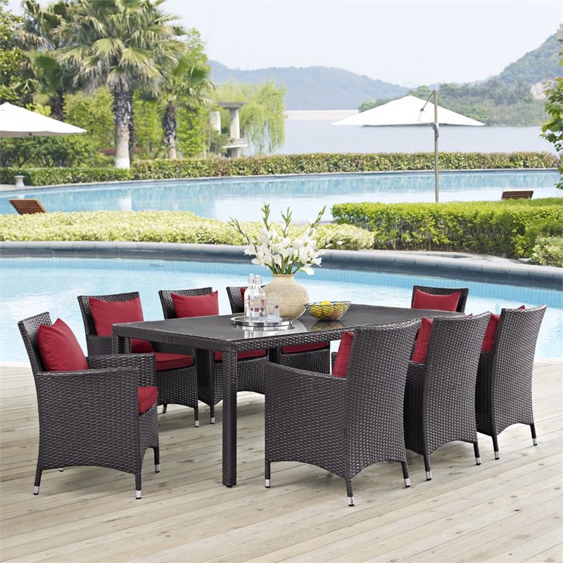 Modway Convene 9-Piece Aluminum and Rattan Patio Dining Set in Espresso/Red