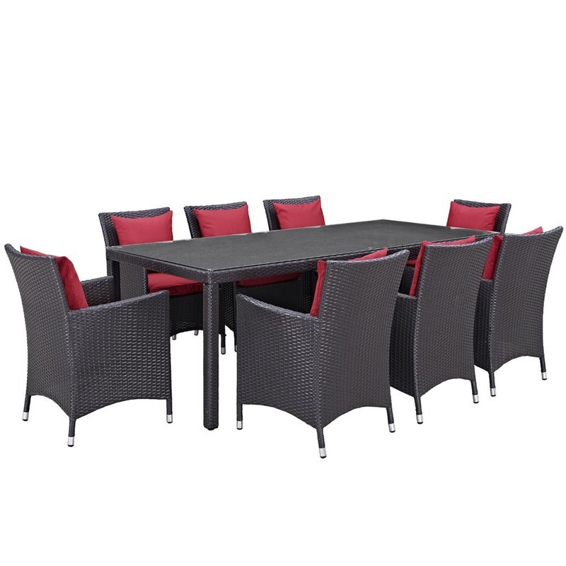 Modway Convene 9-Piece Aluminum and Rattan Patio Dining Set in Espresso/Red