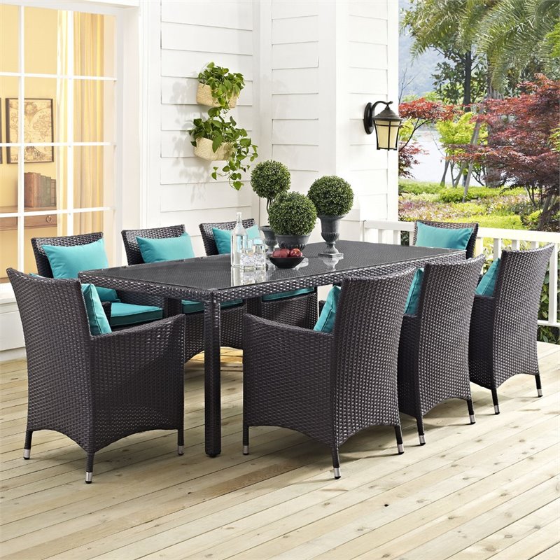 Modway Convene 9-Piece Aluminum Rattan Patio Dining Set in Espresso/Turquoise