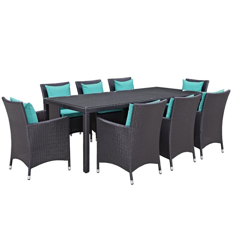 Modway Convene 9-Piece Aluminum Rattan Patio Dining Set in Espresso/Turquoise