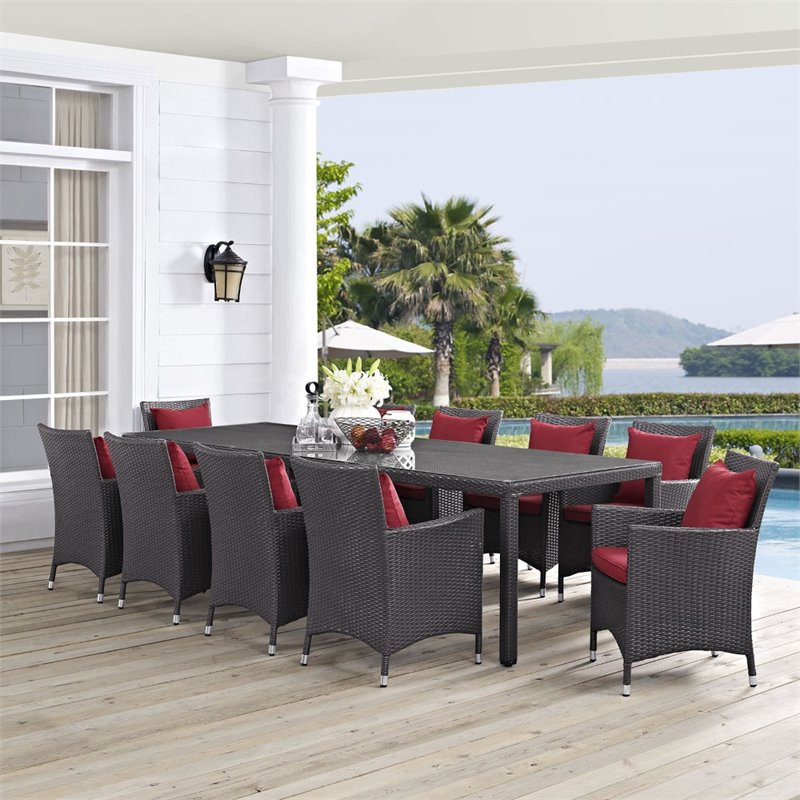 Modway Convene 11-Piece Aluminum and Rattan Patio Dining Set in Espresso/Red