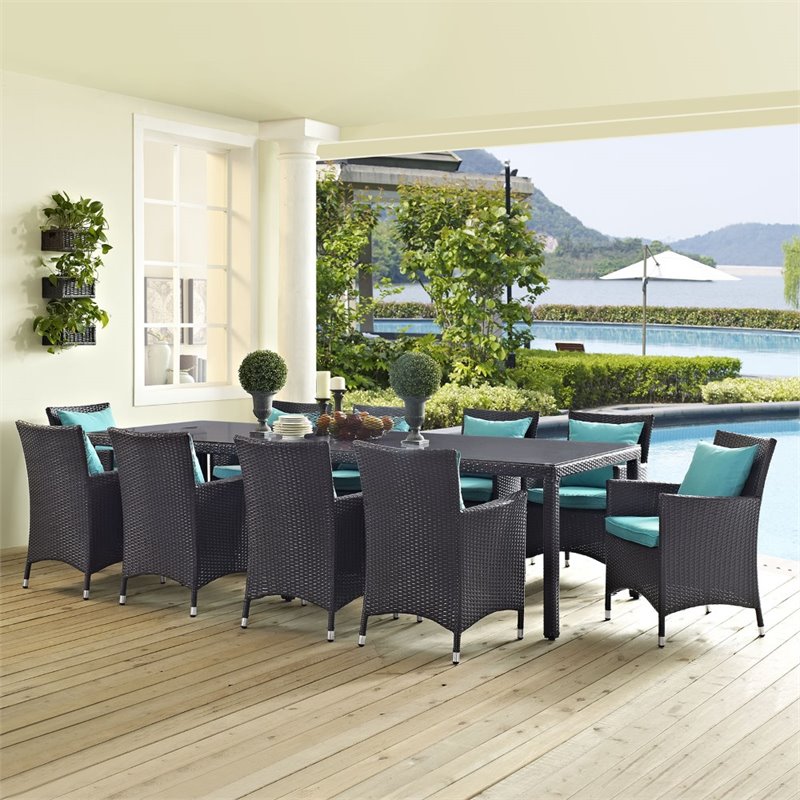 Modway Convene 11-Piece Aluminum Rattan Patio Dining Set in Espresso/Turquoise