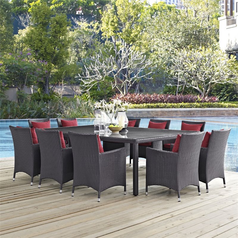 Modway Convene 11-Piece Rattan Aluminum Patio Dining Set in Espresso/Red