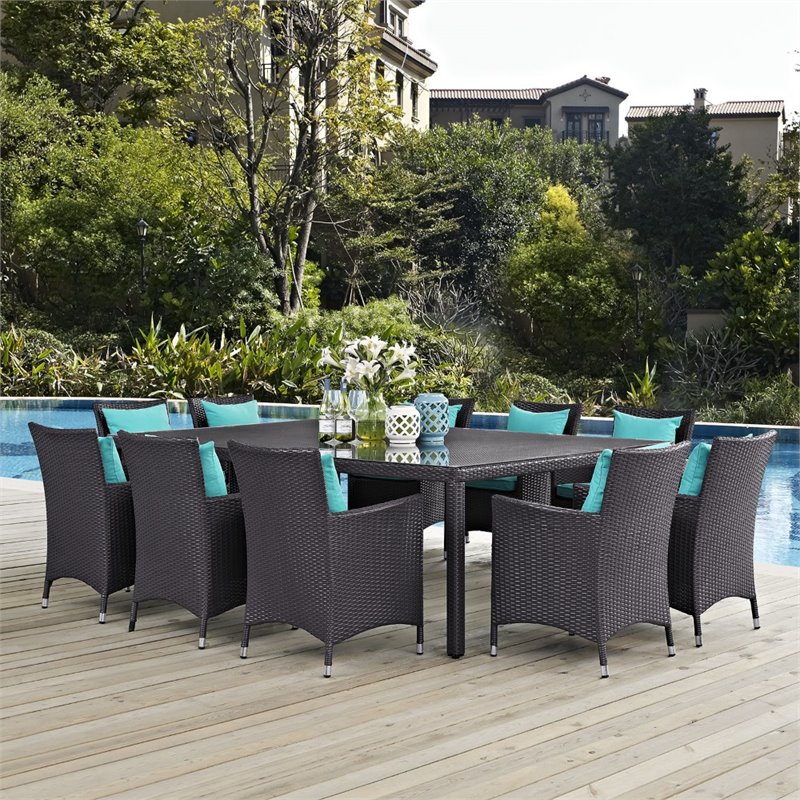 Modway Convene 11-Piece Rattan Aluminum Patio Dining Set in Espresso/Turquoise