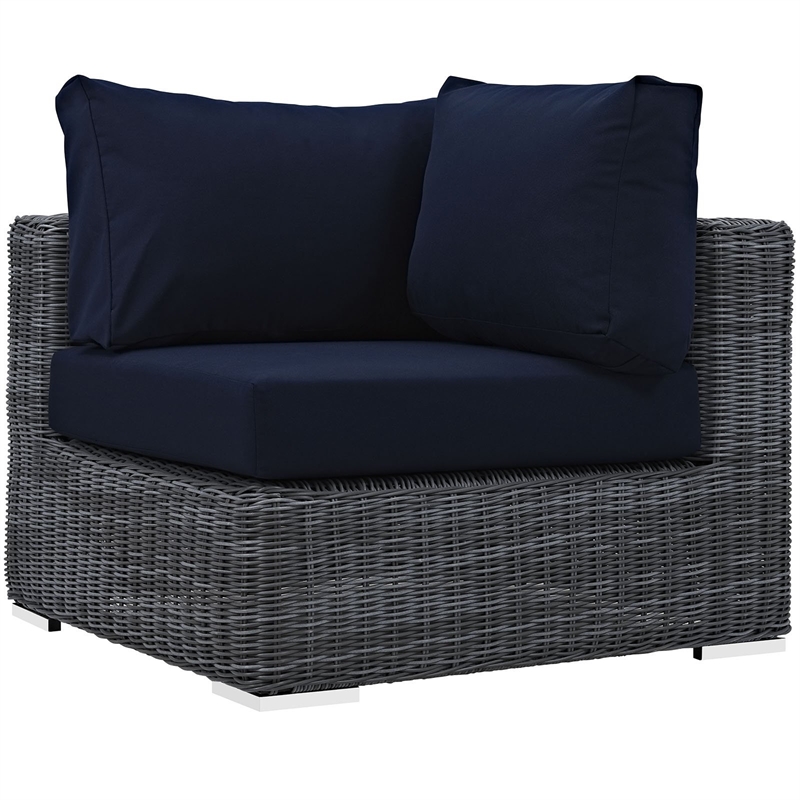 Modway Summon Aluminum and Rattan Patio Corner Chair in Canvas/Navy