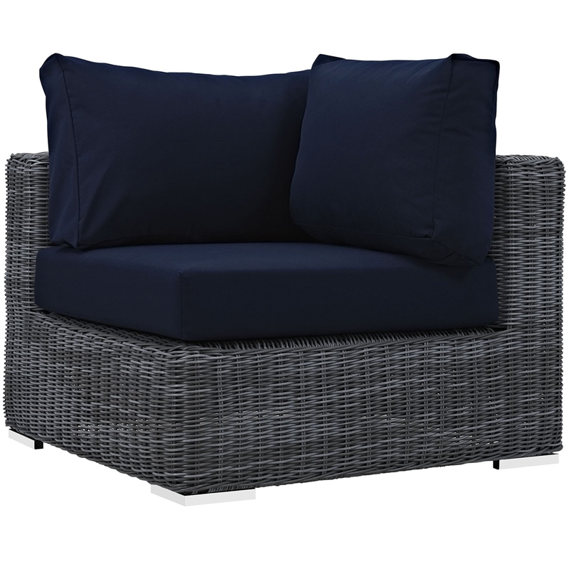 Modway Summon Aluminum and Rattan Patio Corner Chair in Canvas/Navy