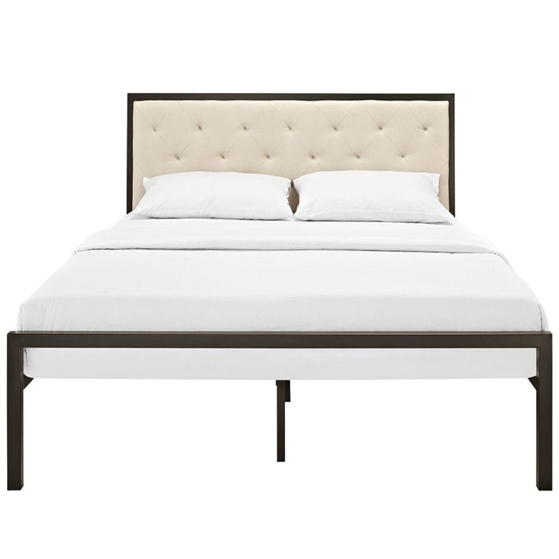 Modway Mia Tufted Fabric Platform Queen Bed in Brown/Beige