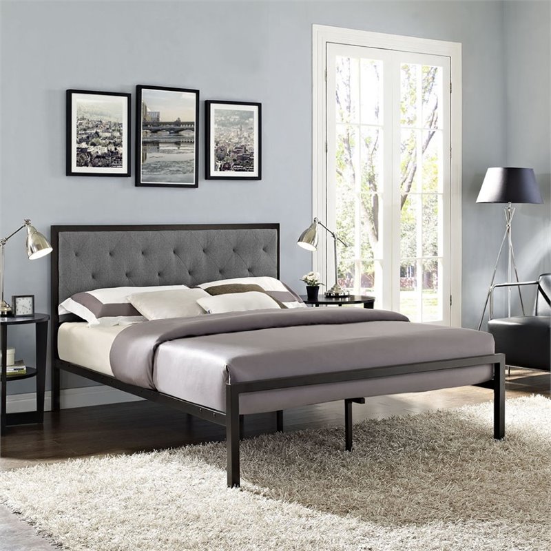 Modway Mia Queen Powder-coated Steel and Fabric Bed in Brown/Gray