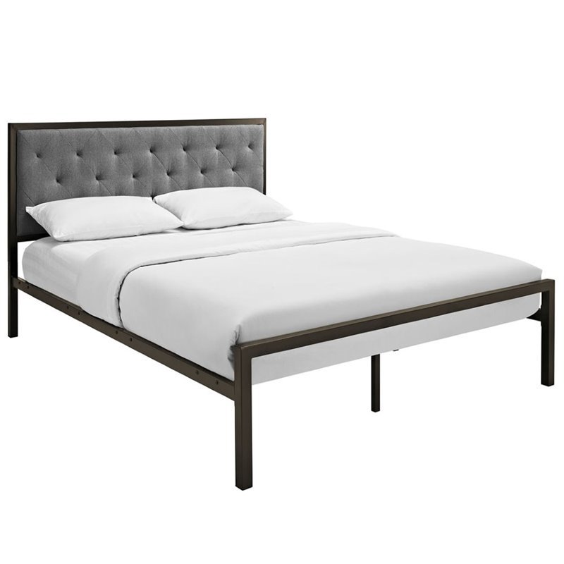 Modway Mia Queen Powder-coated Steel and Fabric Bed in Brown/Gray