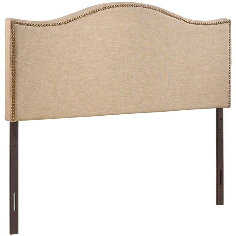 Modway Curl Queen Nailhead Upholstered Linen Fabric Headboard in Cafe Brown