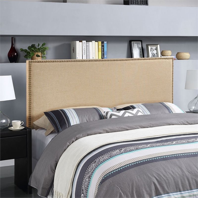 Modway Region Nailhead Queen Upholstered Linen Fabric Headboard in Cafe Brown