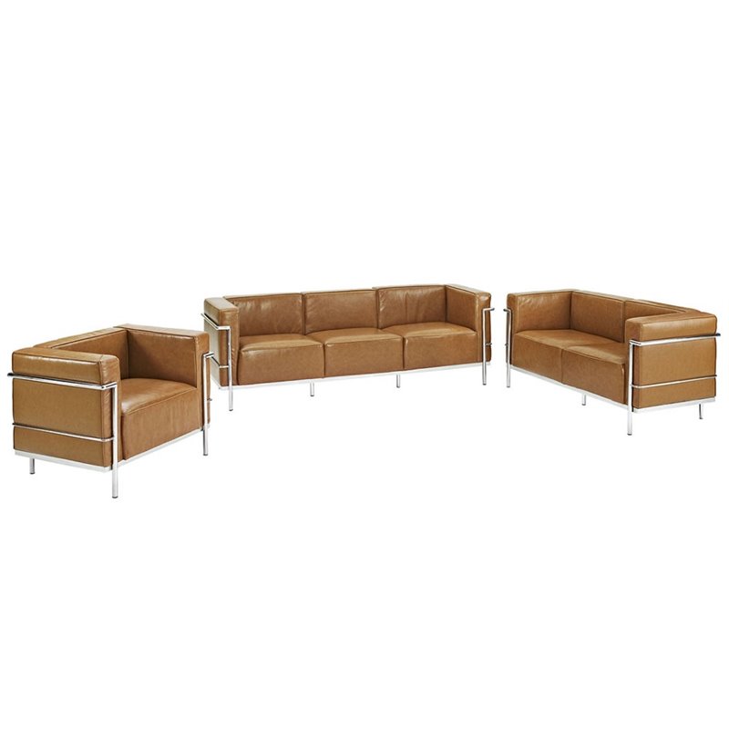 Zoe S Furniture Modway Charles 3 Piece Leather Sofa Set In Tan Modway Charles 3 Piece Leather Sofa Set In Tan